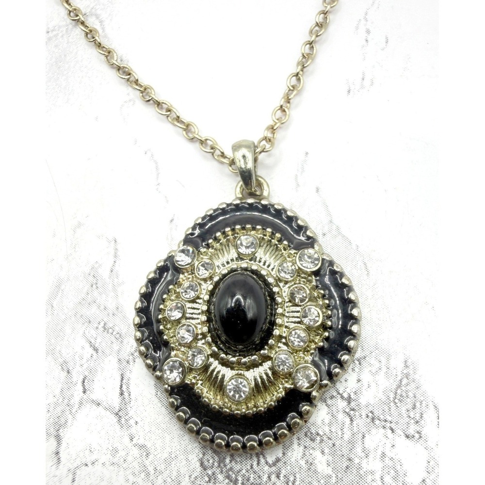 SHA Signed Black Cabochon Rhinestone Pendant Necklace Gold Tone 19"‎
